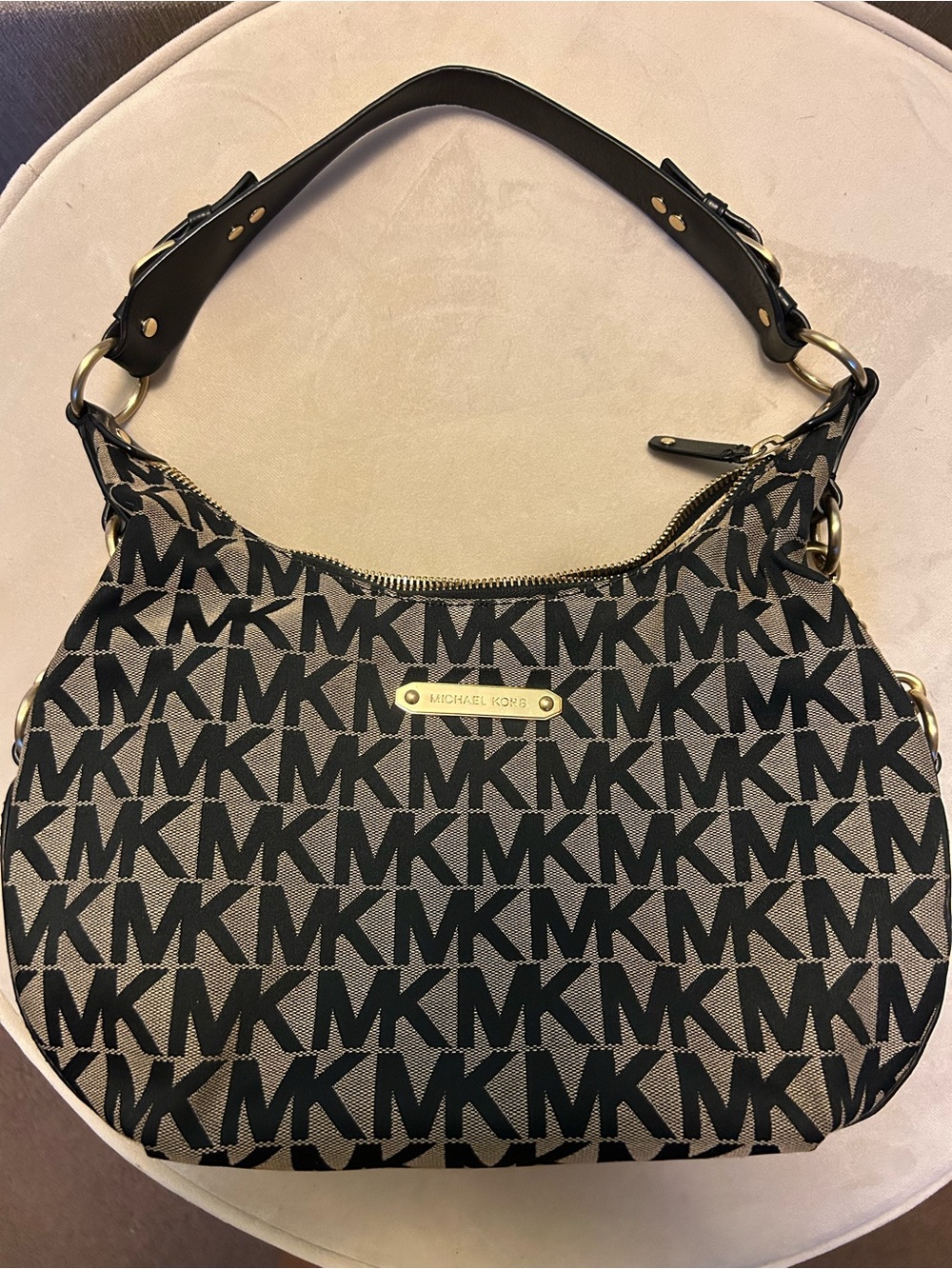 Michael Kors Black and Beige MK Logo Shoulder Bag